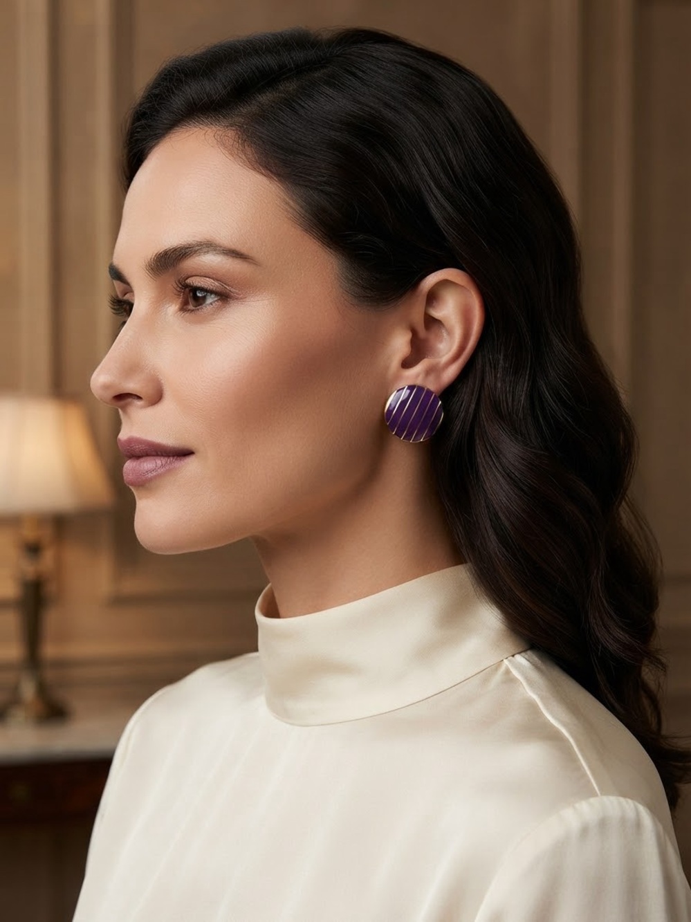 Striped Purple Round Clip-On Earrings - Unbranded
